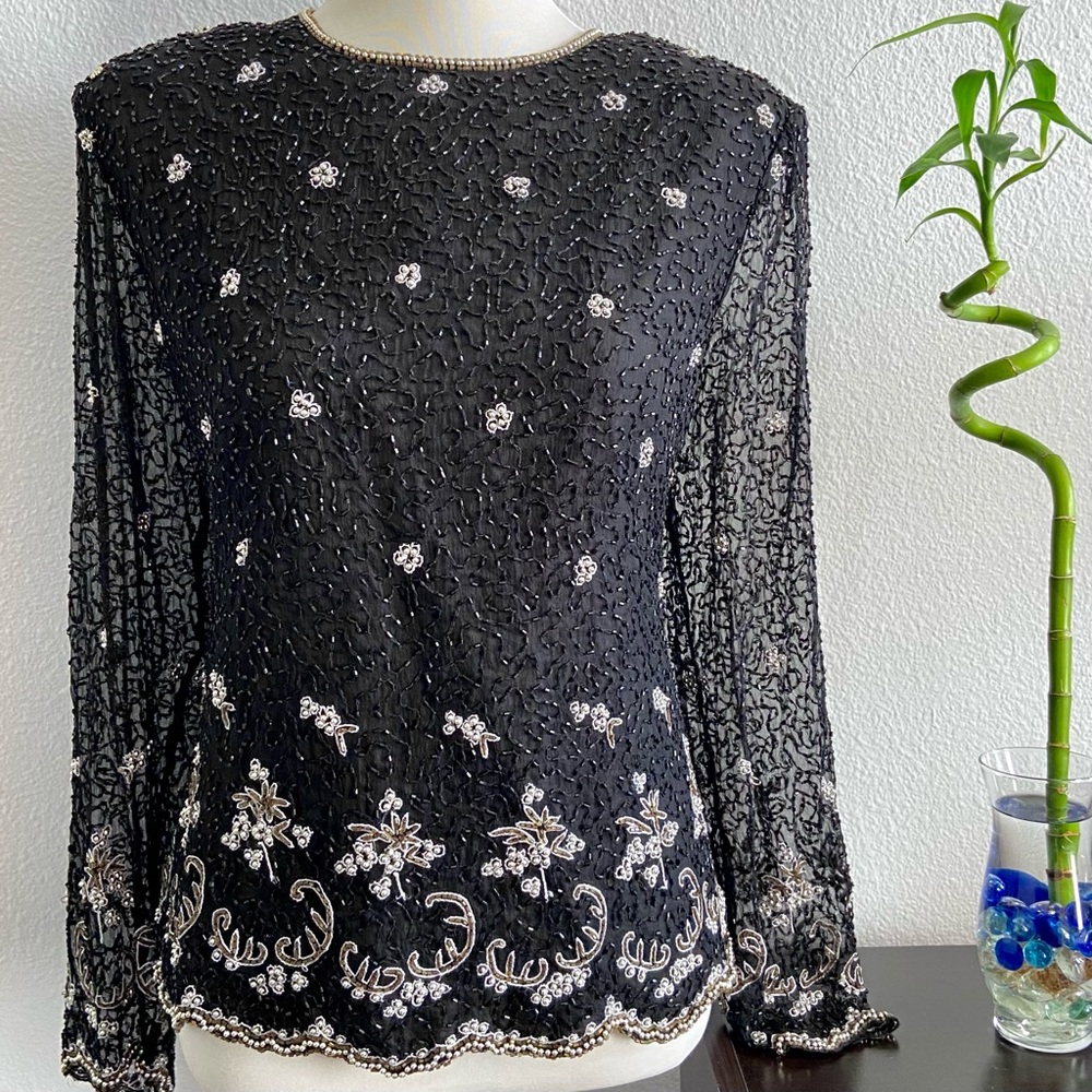 LAURENCE KAZAR Vintage Silk Embroidery Sequin Blouse